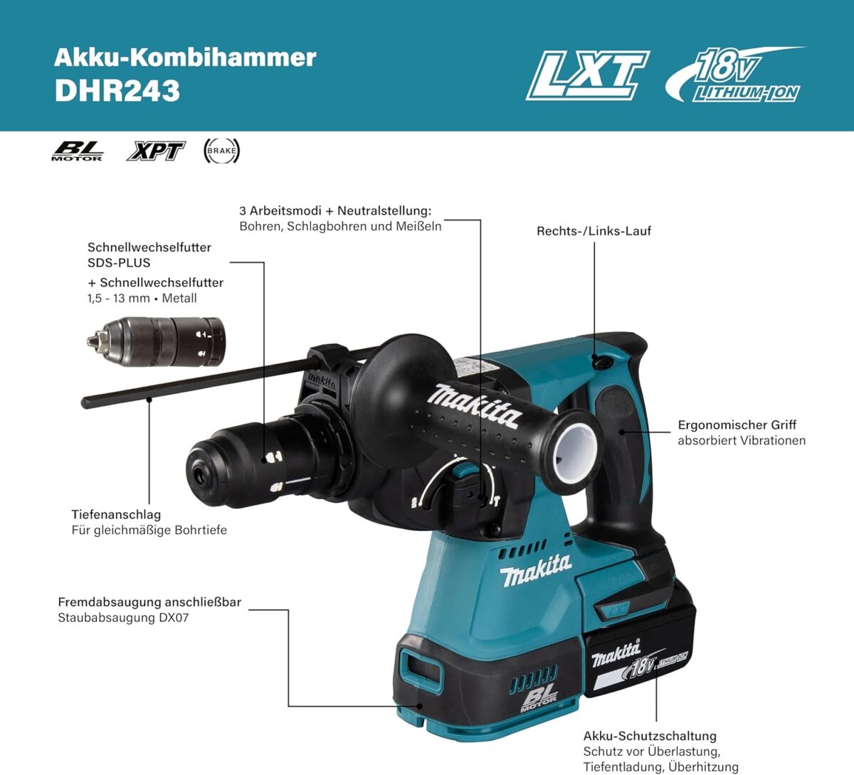 Makita DHR243Z 18V Li-ion LXT 24mm SDS-Plus Hammer Drill - Image 2