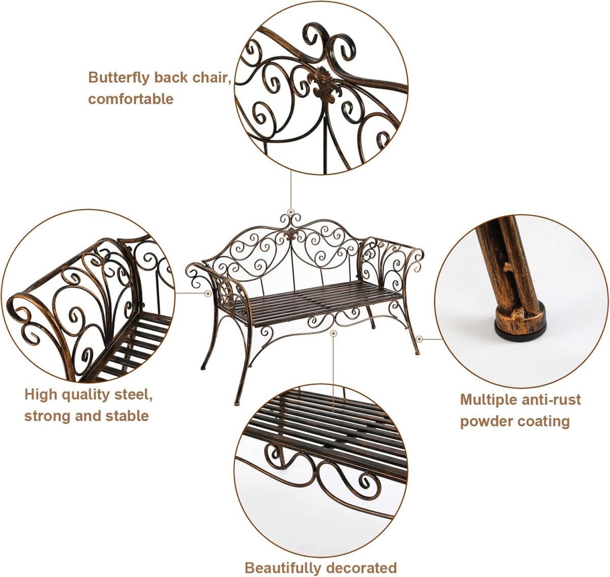 Classic 2-Seater Wrought Iron Garden Bench - Image 4