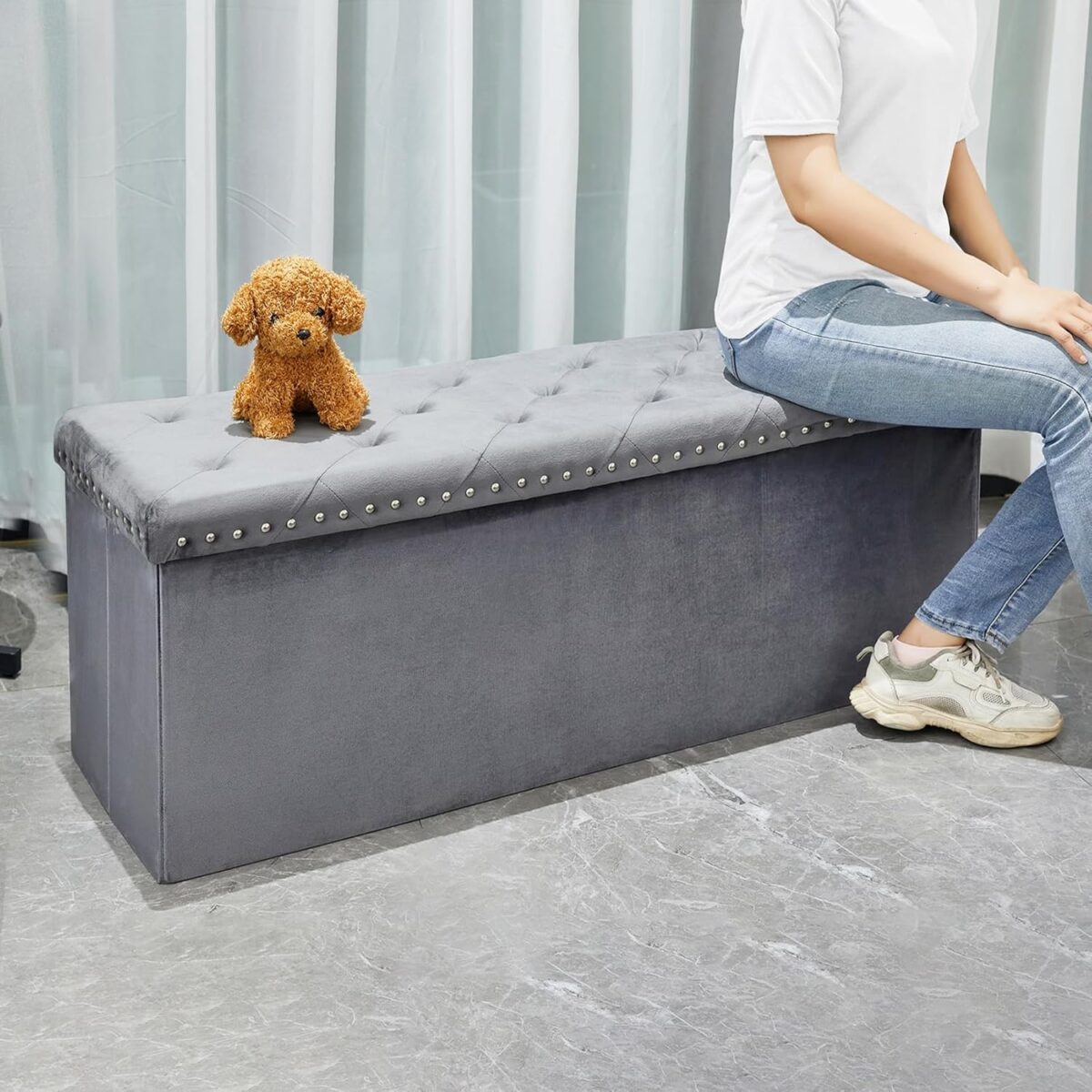 BONLIFE LuxeFold Velvet Storage Ottoman Bench - Image 2