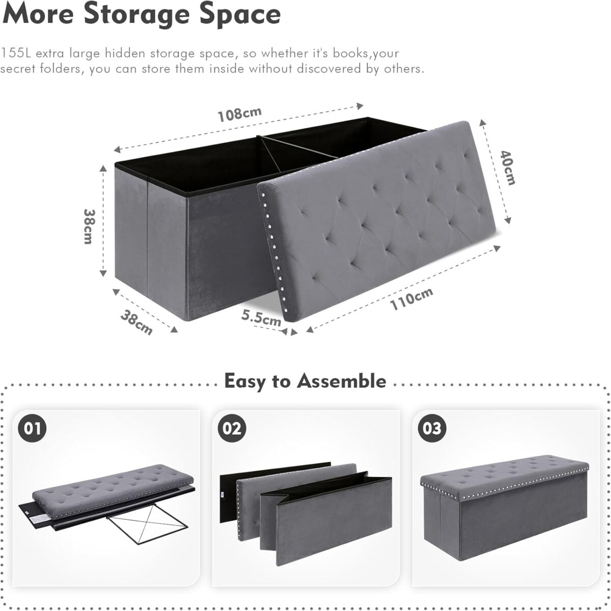 BONLIFE LuxeFold Velvet Storage Ottoman Bench - Image 3